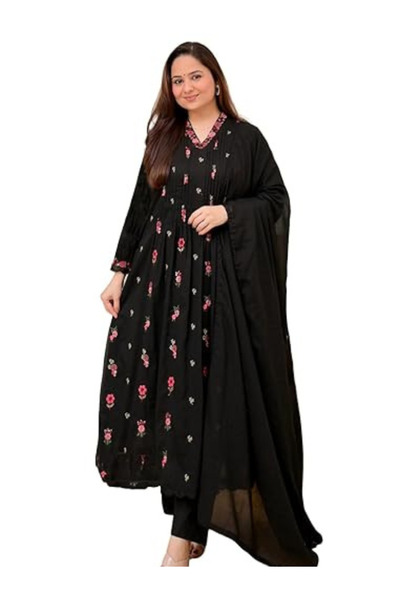 MYSMAR Black Embroidered A-Line Kurta Set - ALV2231 | Black-Size:XL-42-Inches