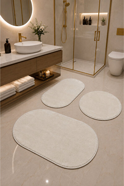 Lionhome Peluş Banyo Halısı 3'lü Set Renk Krem Kaymaz Taban yıkanabilir Saçak...