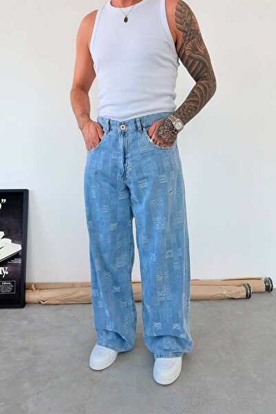 HAFKAGİYİM Ledeno plave buntovničke karirane super široke pantalone