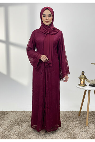 Nukhbaa Dantil Burgundy Abaya with Nida inner lining-846