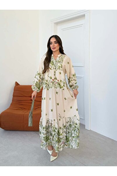 Miraydın Butik فستان نسائي محتشم بطبقات متعددة ونقشة زهور - أخضر