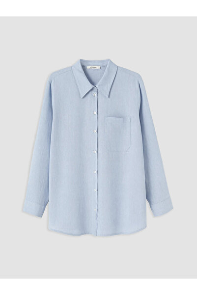 LC Waikiki Blue Plus Size Linen Blend Women's Shirt