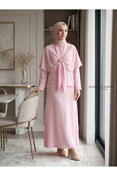 KAYS Women's Lara Fabric Cape and Buckle Detailed Hijab Skirt Two-Piece Set