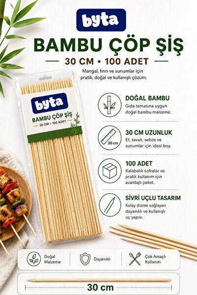 BYTA Bambu Çöp Şiş 100 adet 30 cm Yüksek Kaliteli