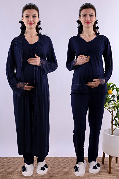 ByLohusa Prenatal and Postnatal Long Robe Maternity Pajama Set Effortt - Navy...