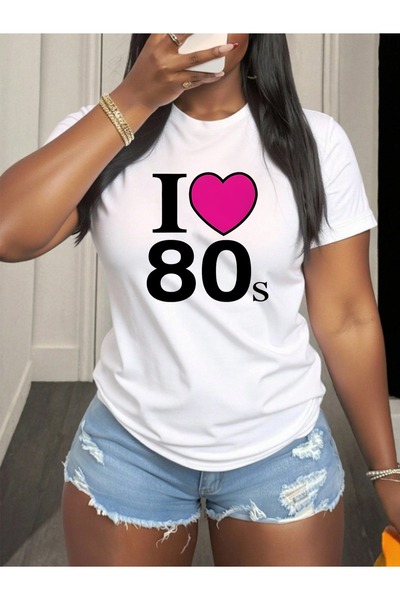 KYMC07 تي شيرت نسائي كاجوال برقبة دائرية مع طباعة I Love 80S، قميص مريح بأكما...