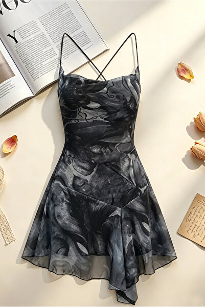 Shengzhou Jinshen Tie Women's Ink Print Chiffon Mini Dress, Thin Crisscross S...