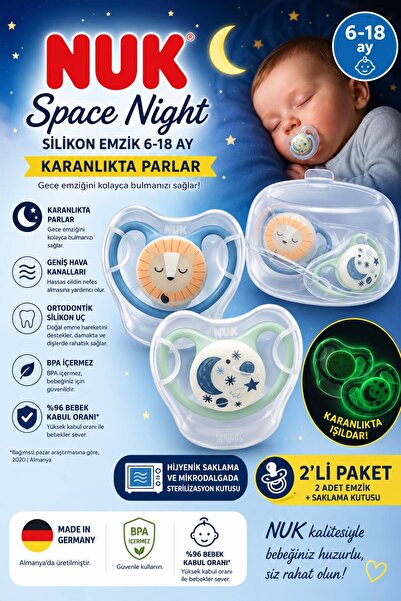 Nuk Space Night Silikon Emzik 6-18 Ay 2’li – (Karanlıkta Parlayan) Mavi,Yeşil