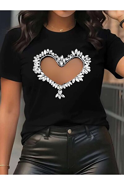Astogria13 بلوزة نسائية من القطن الناعم برقبة دائرية مع تصميم قلب أنيق وتطريز...
