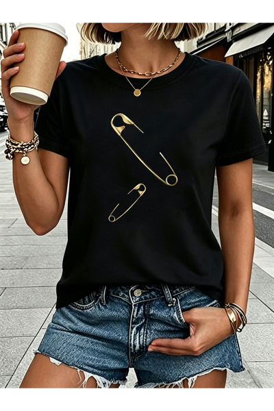 Ekim11 Safety Pin Illusion Minimalist Luxury Creative Graphic Letter Print T-...