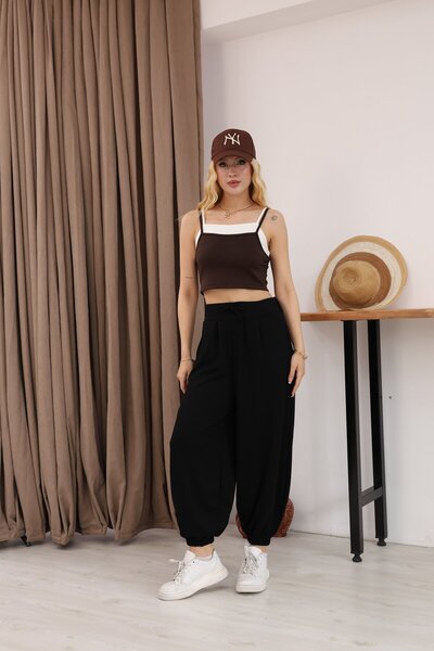 sahraozluk Modal Fabric Elastic Waist Shalwar Trousers Black Color