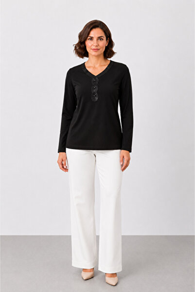 bihan store Women's V-Neck Knit and Button Detailed Long Sleeve Blouse Y26-83...