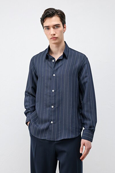 Antioch Navy Blue Modal Blend Striped Men's Shirt