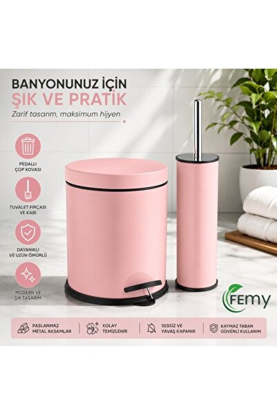 Femy 2’li Banyo Seti – 3'Lt Beyaz Pedallı Çöp Kovası & Klozet Fırçası, Çıkarı...