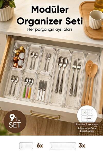 Vienev 9-Piece Modular Transparent Cutlery Set for Drawer Kitchen Cutlery Org...