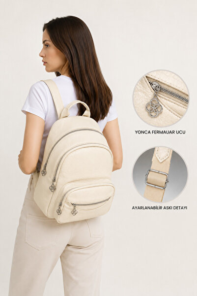 MILANOFOX Women's Cream Functional Multi-Pocket Leather Detailed Daily Leathe...
