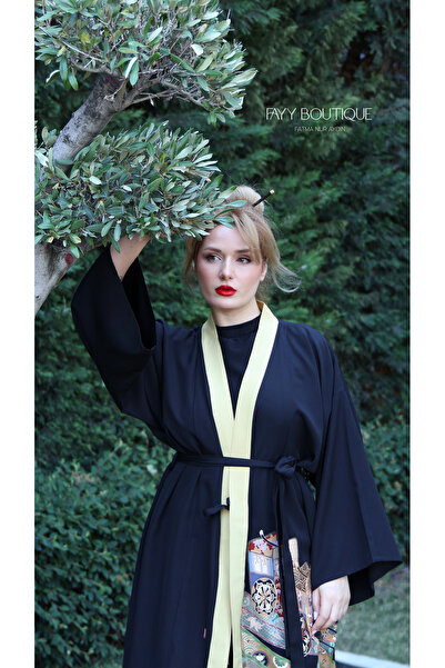 FAYY Patterned Belted Kimono Jacket - Black and Yellow Striped Silk