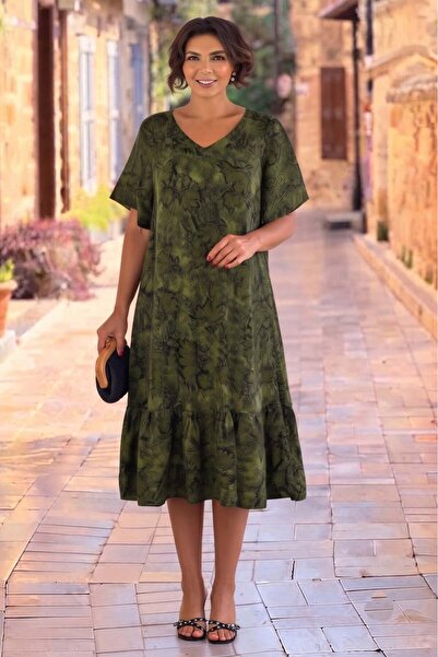 Nevin Kaya Moda V14-Green Leaf Patterned Skirts Ruffle Dress