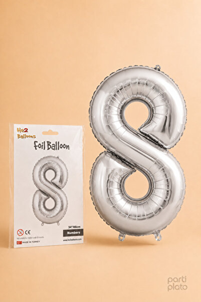 He2 Balloons Silver Foil Balloon Number 8, 86 Cm, Helium Compatible Silver Co...