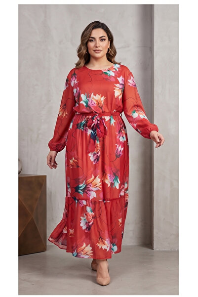 gökçesu Women's Plus Size Long Sleeve Lined Flowy Flounce Maxi Long Chiffon D...