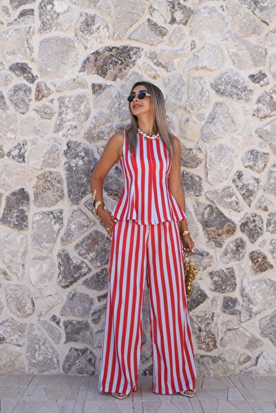 bytugcekaya Red Blue Striped Peplum Blouse Pants Set