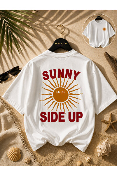 SB BİANCO تي شيرت فاخر كبير الحجم للجنسين مطبوع عليه Sunny Side Up Back