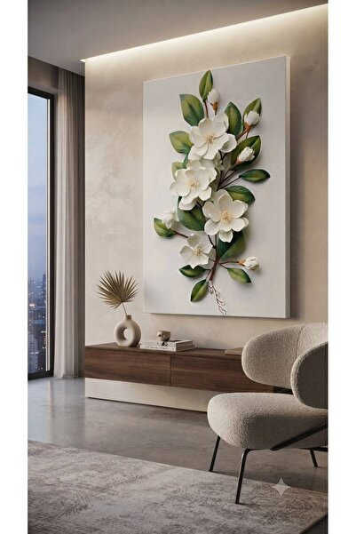 zeyrada Premium Modern Dekorasyon Kanvas Tablo 3D Efektli Beyaz Çiçek ve Yeşi...