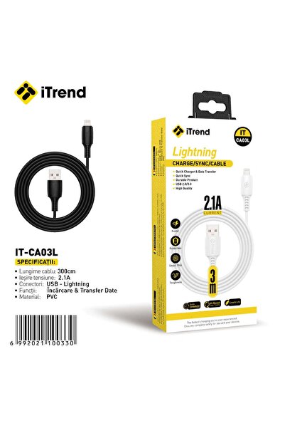 itrend Cablu USB-A la Lightning iTrend, 3 m, Încărcare Rapidă 2.1A, PVC, Negru