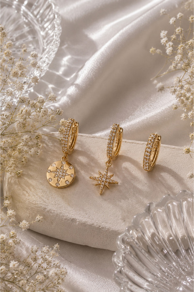 Sylvera Shop North Star 3-Piece Combination Hoop Earring Set (Gold Color)