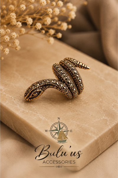 BULU'US ACCESSORIES Bronz Siyah Zirkon Taşlı Yılan Yüzük – Güç ve Zarafetin B...