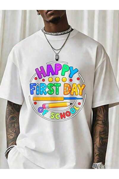 NOURAM تي شيرت ملون بطباعة "Happy First Day Of" للعودة إلى المدرسة، للرجال وا...