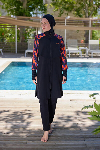REMSA Sport Lycra Patterned 4-Piece Full Covered Hijab Swimsuit R134 - Black