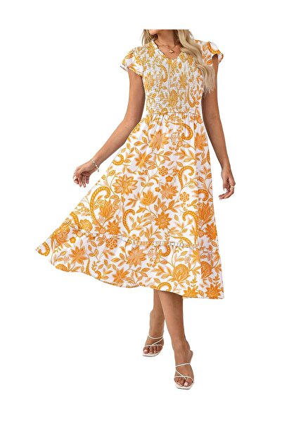 GRACE KARIN rochie de plajă midi florală, decolteu V, galben, XL