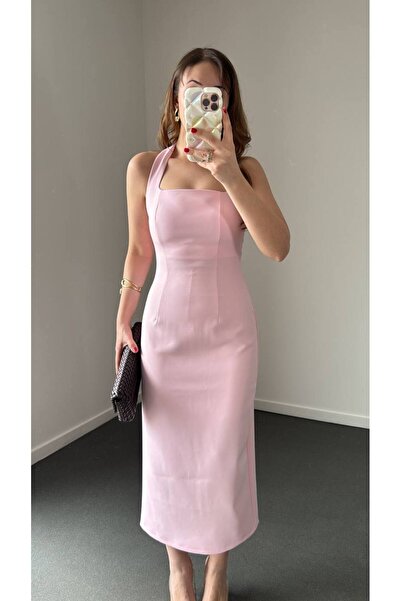 TİENDEROPA Women's Halter Neck Midi Slit Dress Square Neckline Event Dress