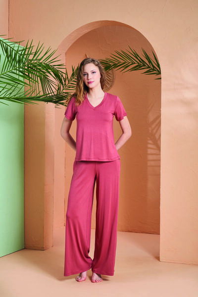 Pjs Pijama Kadın V Yaka Pantolon Takım Pembe 27028