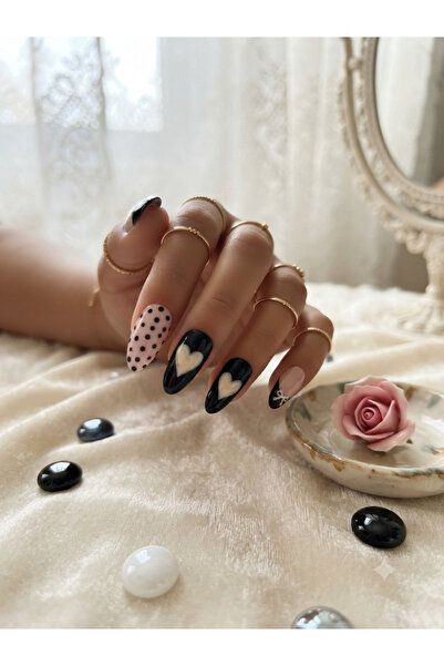 Shades On Nails Handmade Press-On Nails Set - Pastel Pink & Glossy Black Coqu...