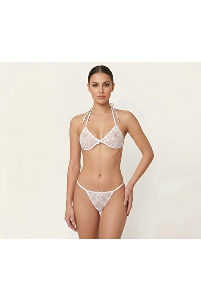 Maly Love Kadın Beyaz Dantel Bralette Sütyen ve String Külot İç Giyim Takımı Beyaz Biyeli