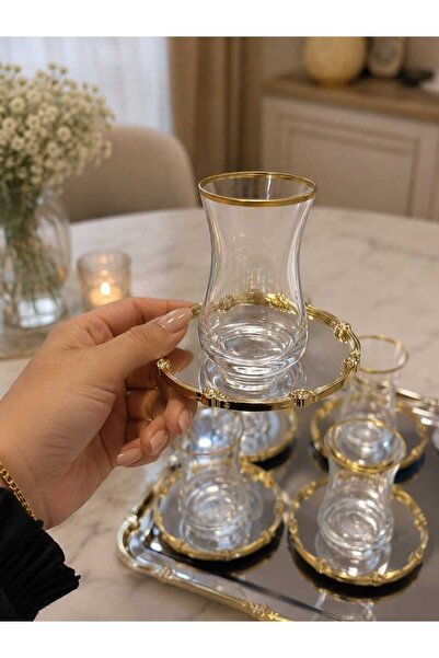 FTH DİZAYN Goldline 13 Piece Tea Set with Tray