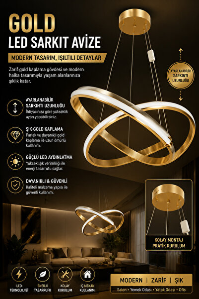 KARAÇALI LED HALKALI GOLD SARKIT AVİZE - BÜYÜK BOY