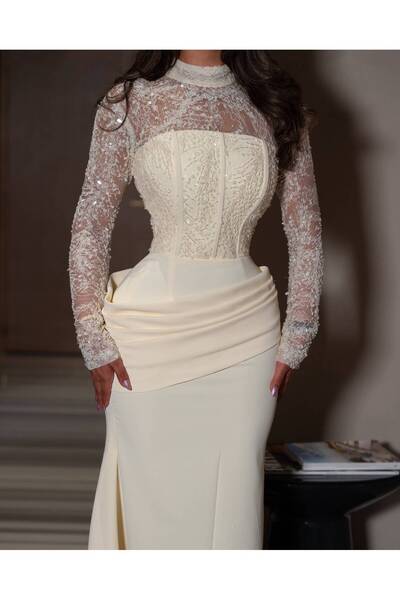 Ayaen Cream Long Evening Dress with Lace Sleeves and Sexy Cinched Waist