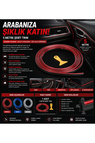 AŞIK STORE Araba Dekorasyon Şerit Trim 5 Metre Universal İç Trim Şeridi Esnek...