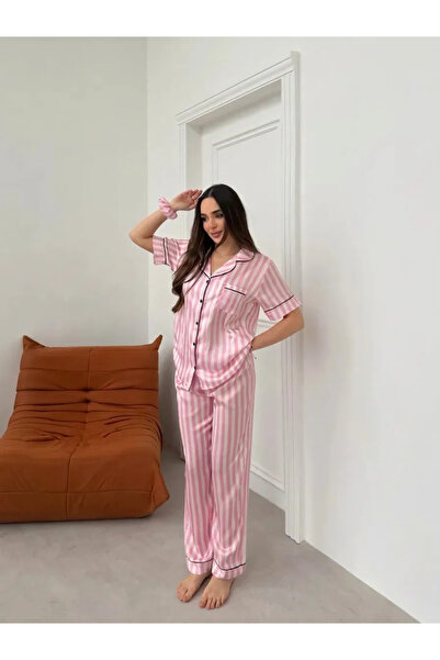 Tasarım Kadın Pembe Kutulu Saten Pijama Takımı Toka Hediyeli