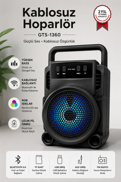 Yenilig GTS-1360 Bluetooth Hoparlör Kablosuz Taşınabilir Speaker | Extra Bass...