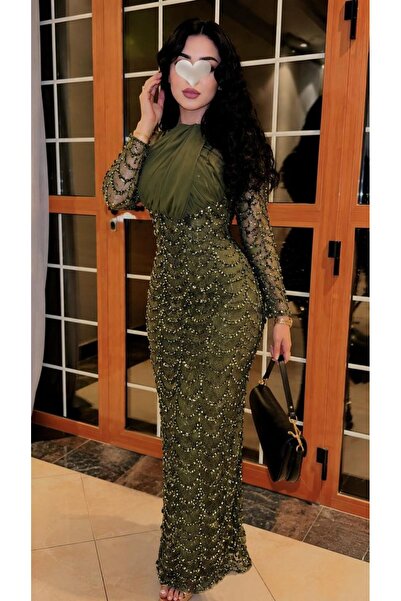 led style High Neck Transparent Sleeve Beaded Maxi Evening Dress