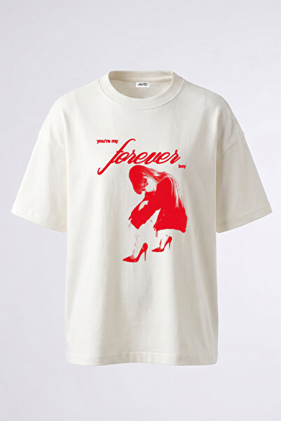 Anetos Red Heeled Women's Design Printed Oversize White T-Shirt