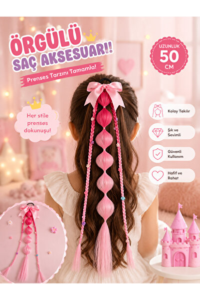 Rhea Company Kız Çocuk Pembe Fiyonklu Örgülü Balon Saç Aksesuarı Prenses Post...