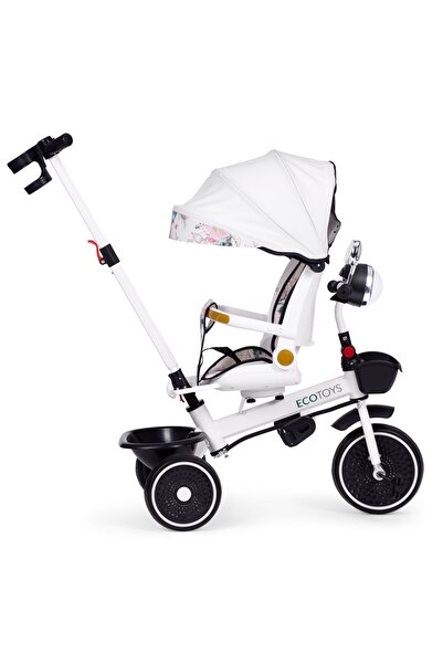 Ecotoys Tricicletă, mâner pentru părinte, scaun reversibil, copertină, alb KID005949