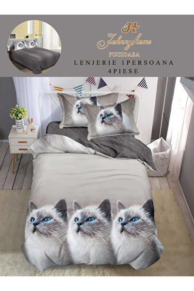 Pucioasa Set de lenjerie de pat din 4 piese cu pisici albastre și gri-P133