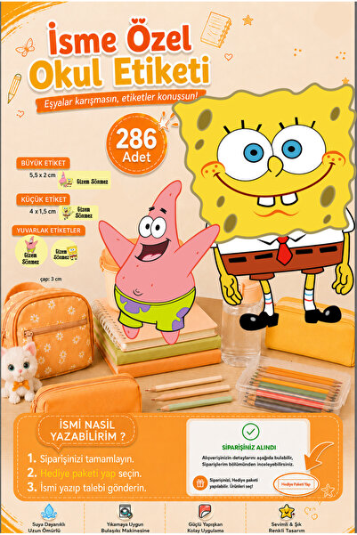 Sim Tasarım Sünger Bob Okul Etiketi Kalem Defter Etiketi Özel İsim Yazılabile...