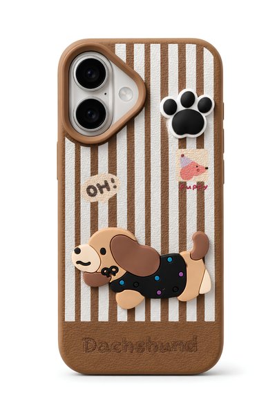 QUSCHU iPhone 16 Compatible 3D Dachshund Dog Figured Striped Silicone Phone Case